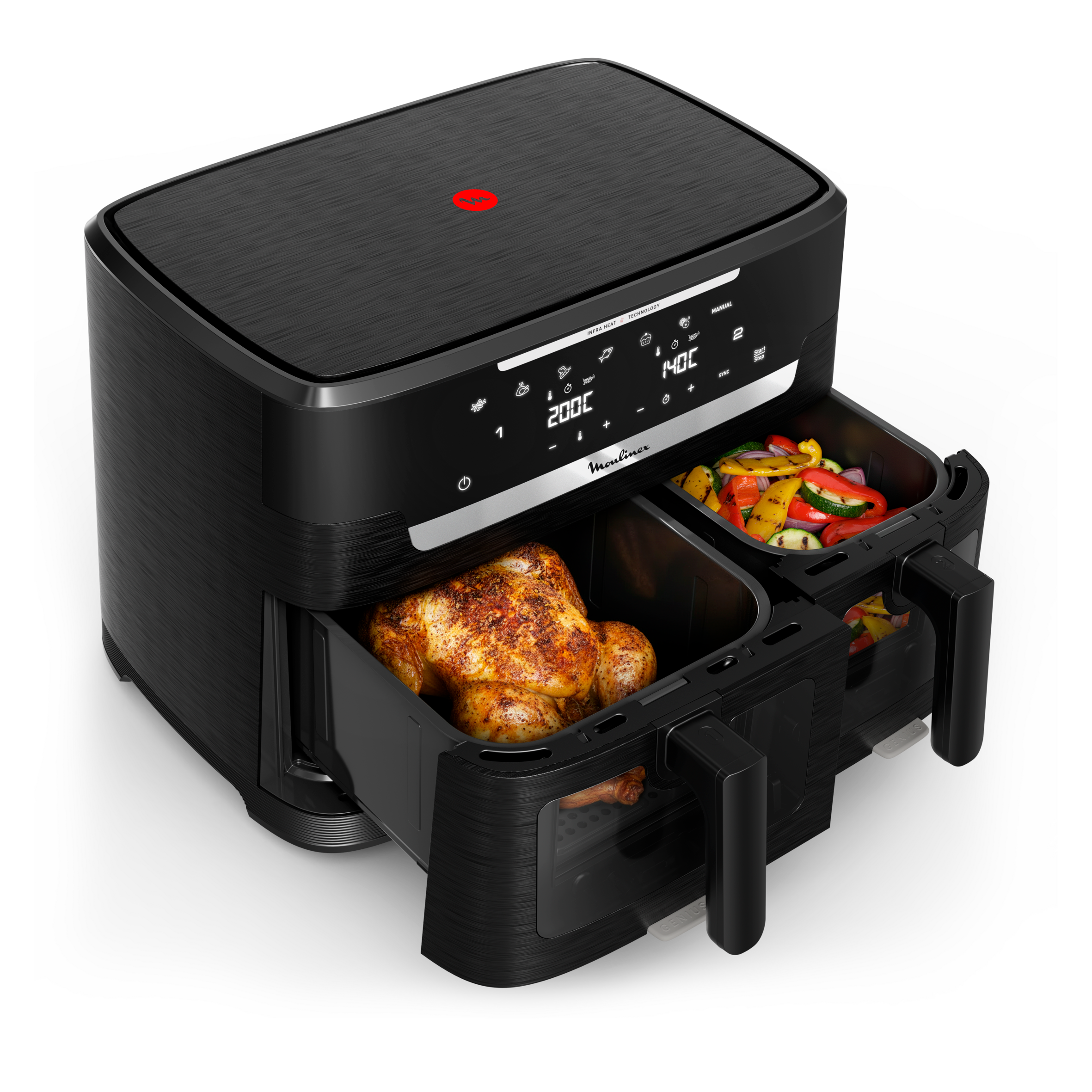 Ever Fry XXL Dual, Freidora de aire doble cesta, Tecnología por infrarrojos, Sistema Genius, Capacidad familiar 11L, Cocción sincronizada, Negro