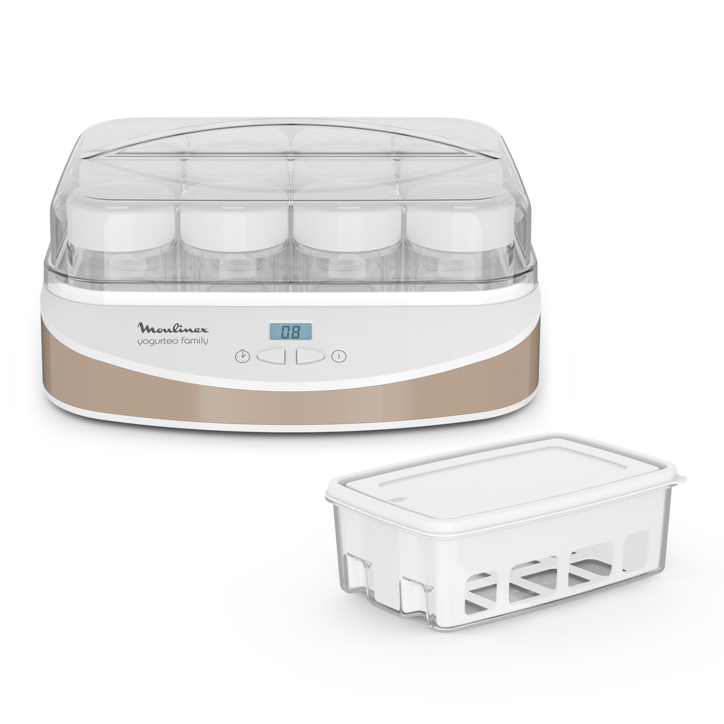 Yogurteo Family, Yogurtera, 12 Tarros Cristal, 1L Bandeja Queso, Blanco/Dorado
