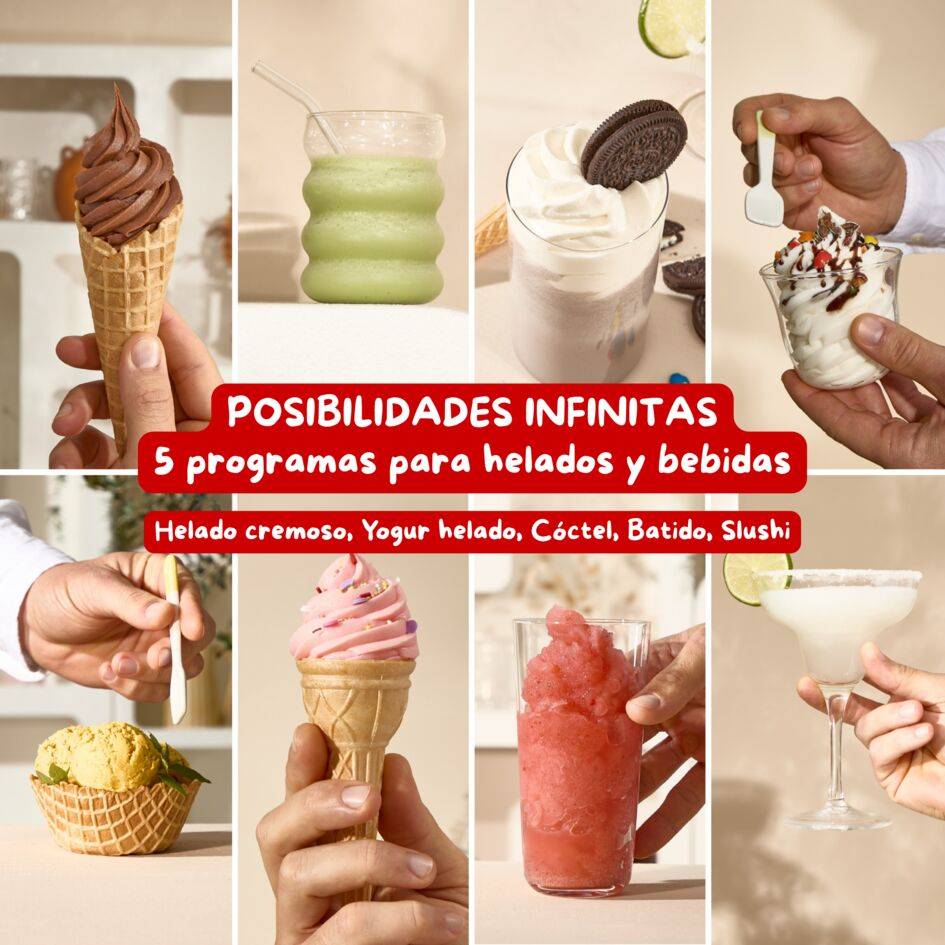 Freezi, Prepara helados y bebidas heladas al momento, 5 programas automáticos, Silenciosa, 8 raciones, Blanca