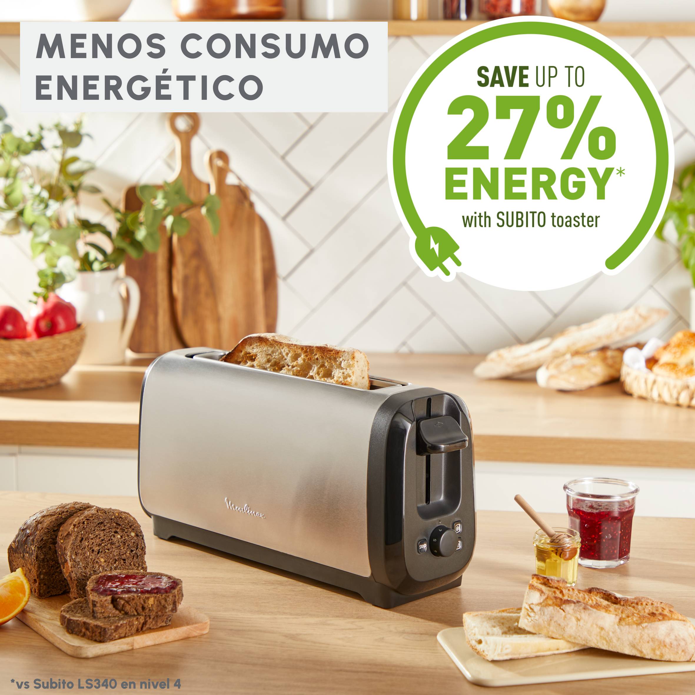Subito, Tostadora de ranura larga, Tuesta más rápido, Menor consumo energético, Negro y acero inoxidable