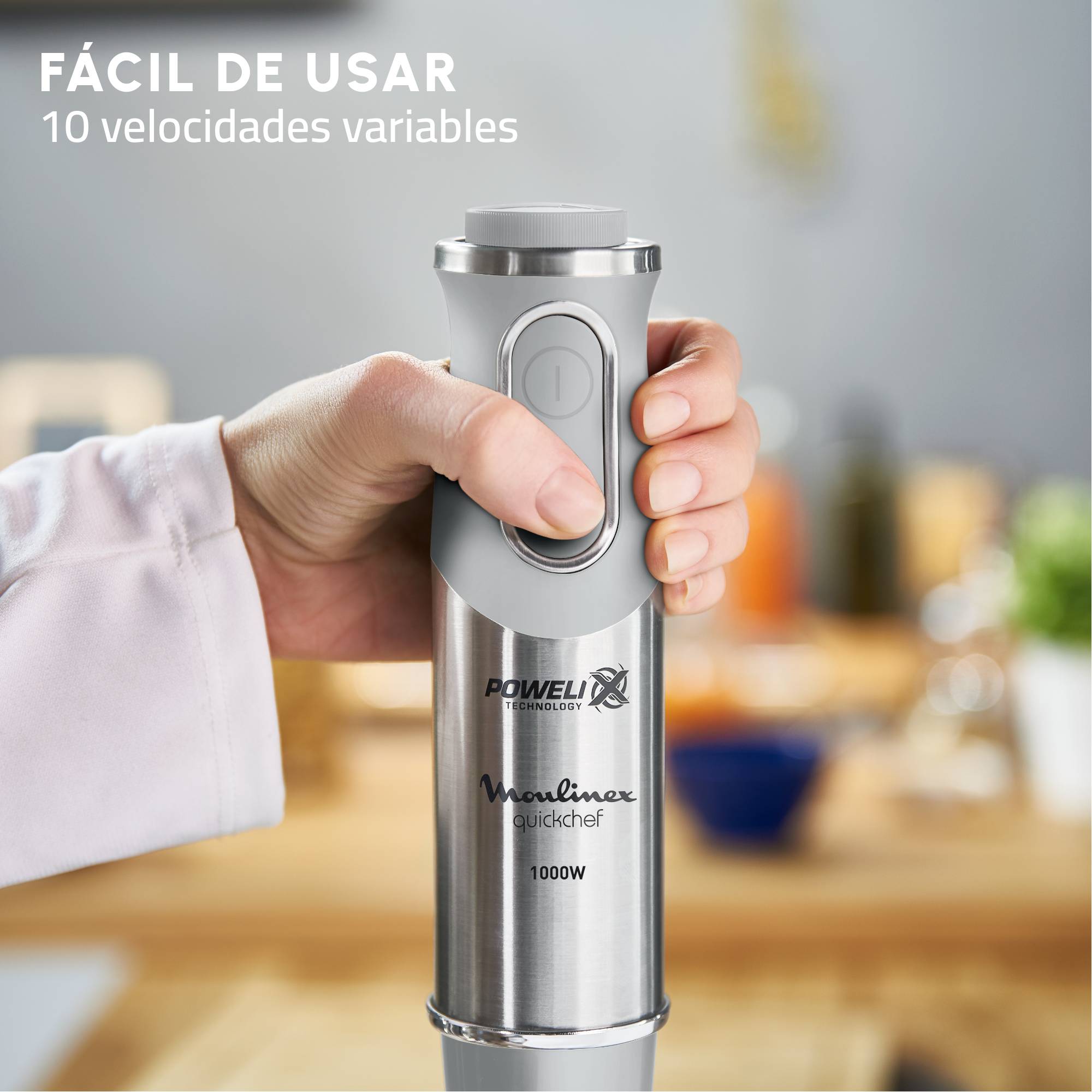 Quickchef, Batidora de mano, 1000 W, 10 velocidades, Cuchillas Powelix, Picadora 500 ml, Vaso medidor 800 ml, Gris