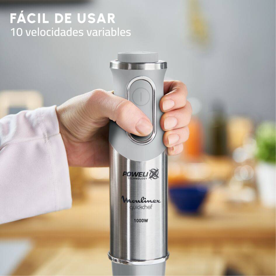 Quickchef, Batidora de mano, 1000 W, 10 velocidades, Cuchillas Powelix, Picadora 500 ml, Vaso medidor 800 ml, Gris