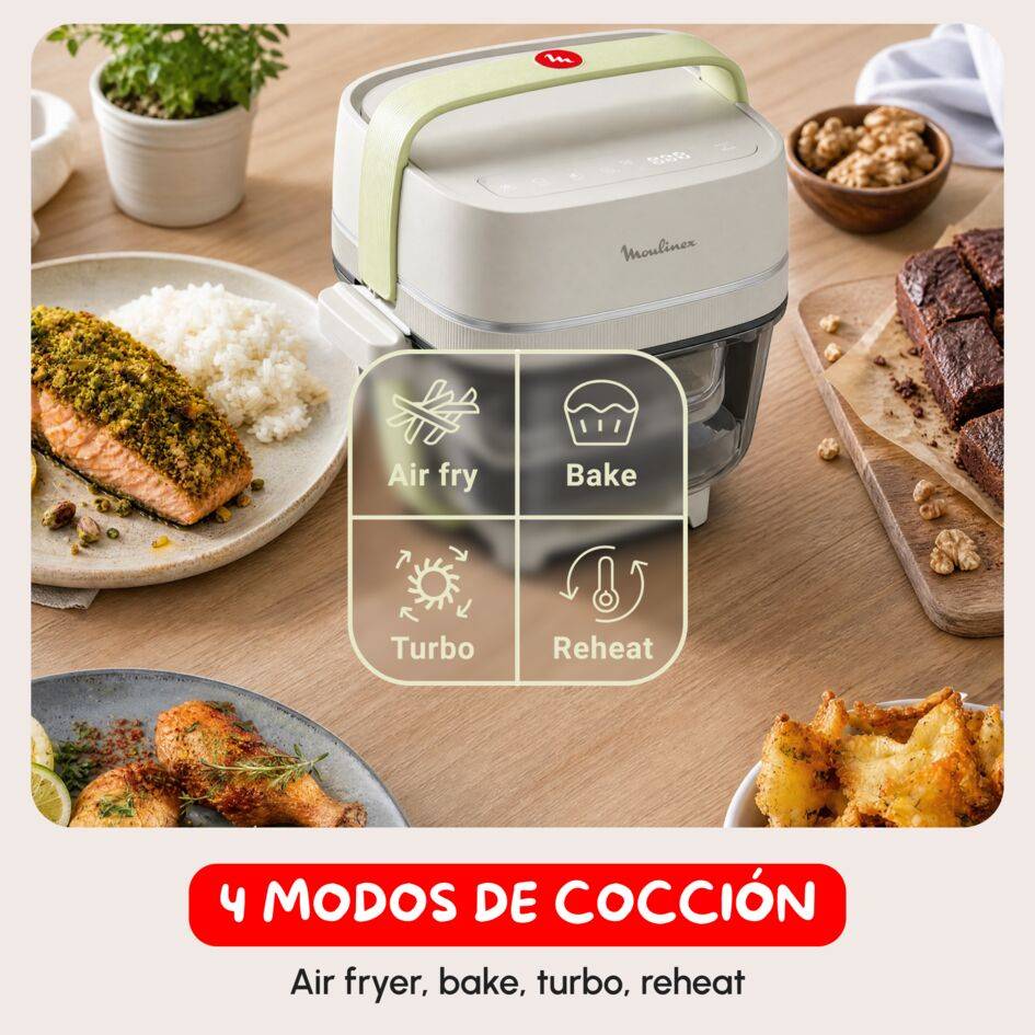 Crisp&Go, Freidora de aire de cristal Pure Resist apilable y portátil, 1 Power Lid + 2 recipientes de 1,4 L y 3,8 L, 4 modos de cocción y ajuste manual temperatura + tiempo, 1700 W, Diseño compacto, Beige