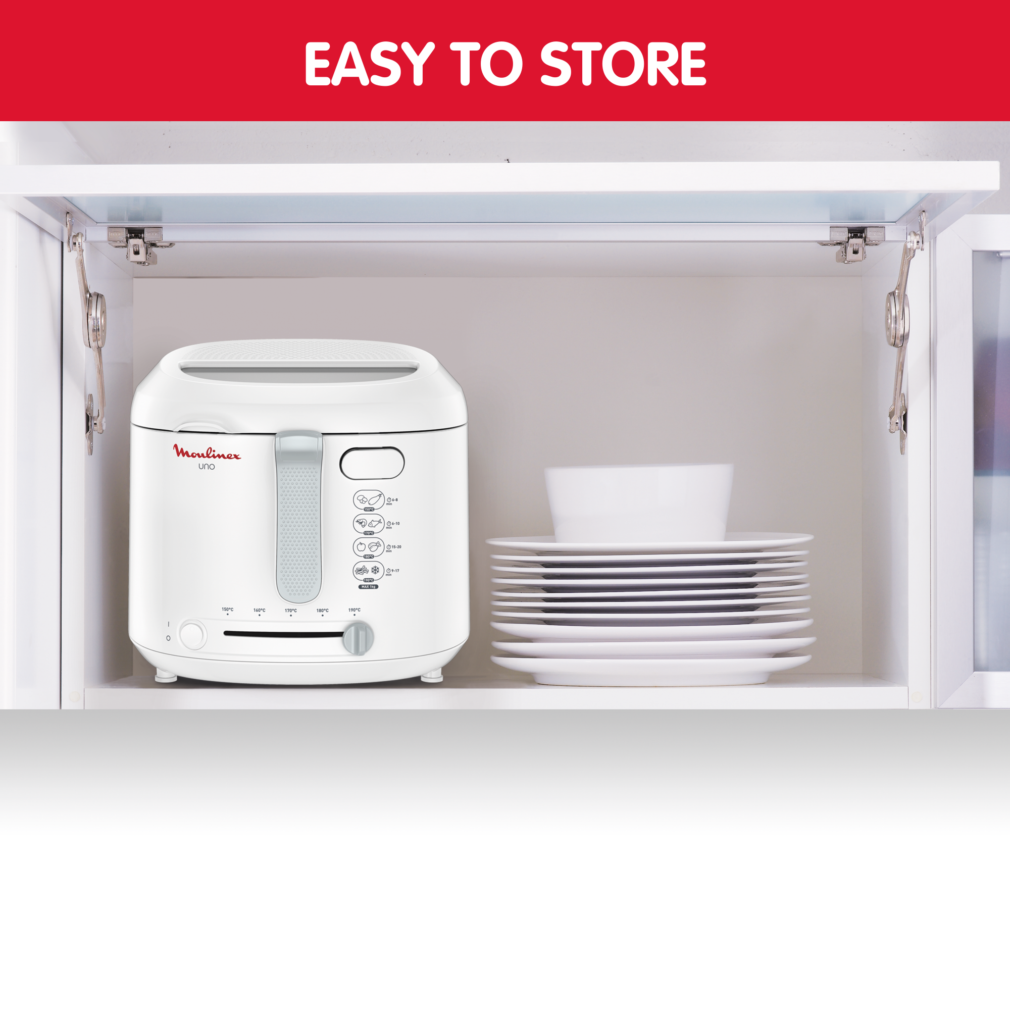 Fry Uno, Freidora de aceite, Capacidad de 1 kg, Para 4 personas, Compacta, Fácil de guardar, Ventana de visualización