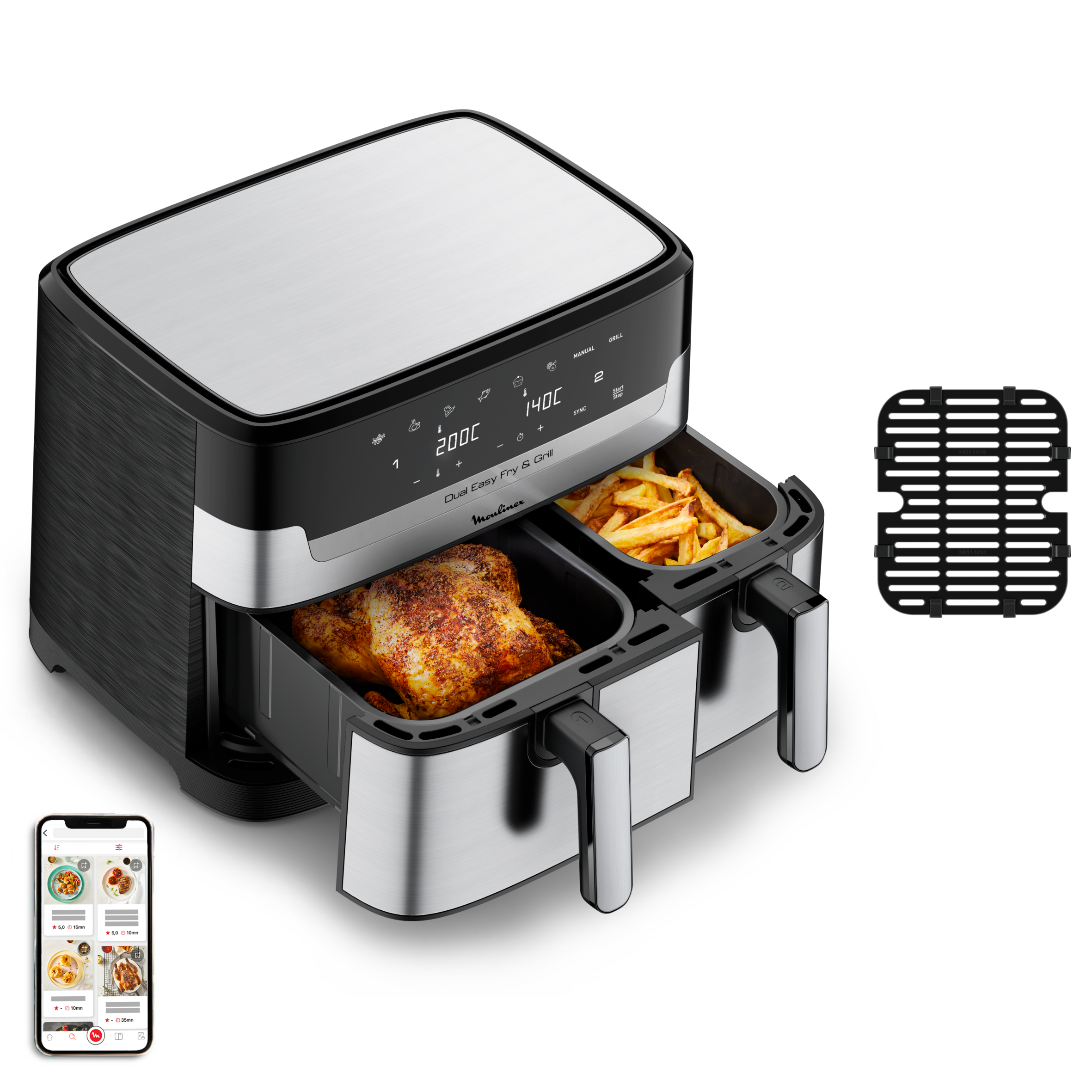 Dual Easy Fry & Grill, Freidora de aire y grill, 8,3 L, Dos cubetas, 8 Programas, Inox