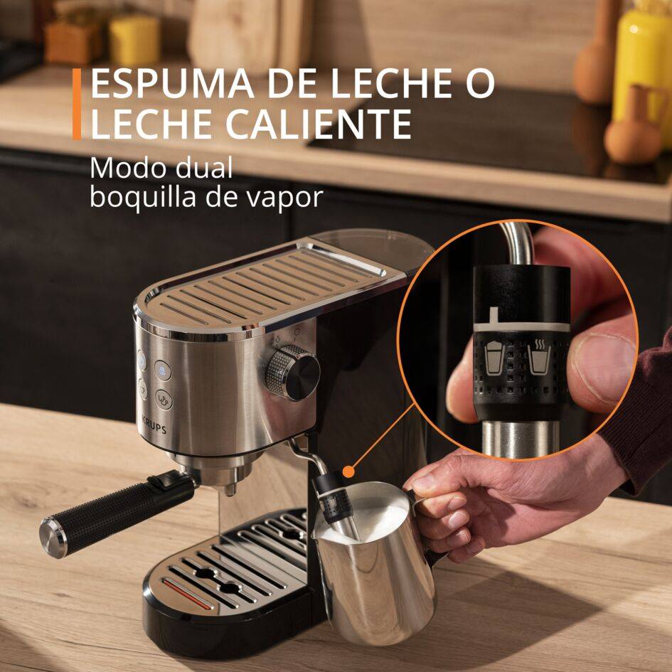 Virtuoso +, Cafetera Espresso, 15 bares de presión, Espumador de leche, Panel frontal intuitivo, Inox