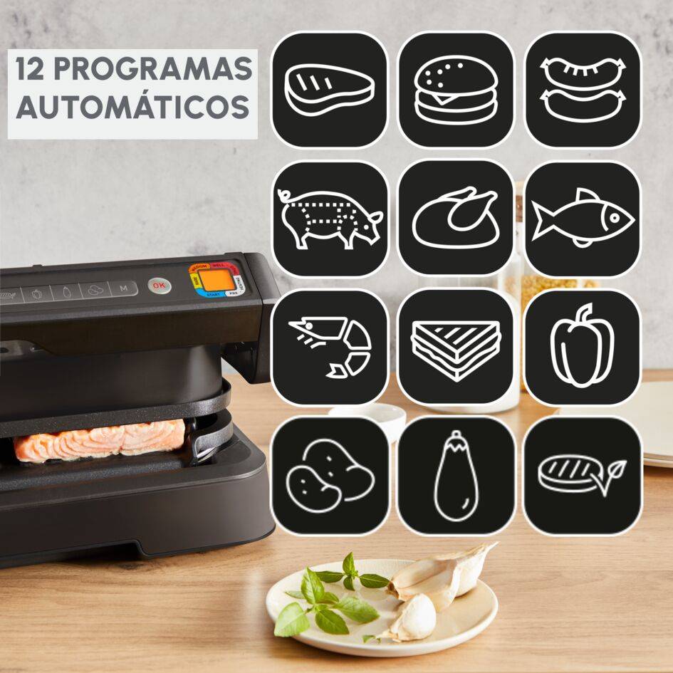 OptiGrill 4en1 XL, Parrilla inteligente, 12 programas, 6/8 personas, Accesorios, Negro