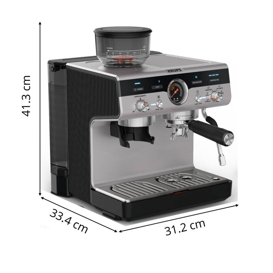 Precision, Cafetera profesional para espresso y capuccino, Molinillo cónico integrado, 30 ajustes de molienda, 15 bares, Inox