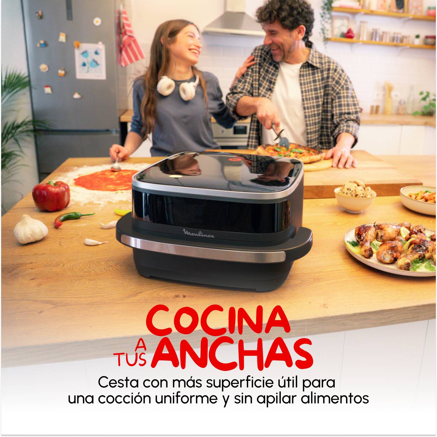 Easy Fry XL Surface, Freidora de Aire, Gran Superficie de Cocción, Doble Resistencia, 10 Programas Automáticos, Formato Compacto, Ventana de Visualización, Negro