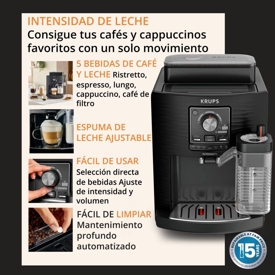 Intensity Milk, Cafetera Superautomática con Jarra de Leche, 5 Bebidas, Espumador de Leche Ajustable