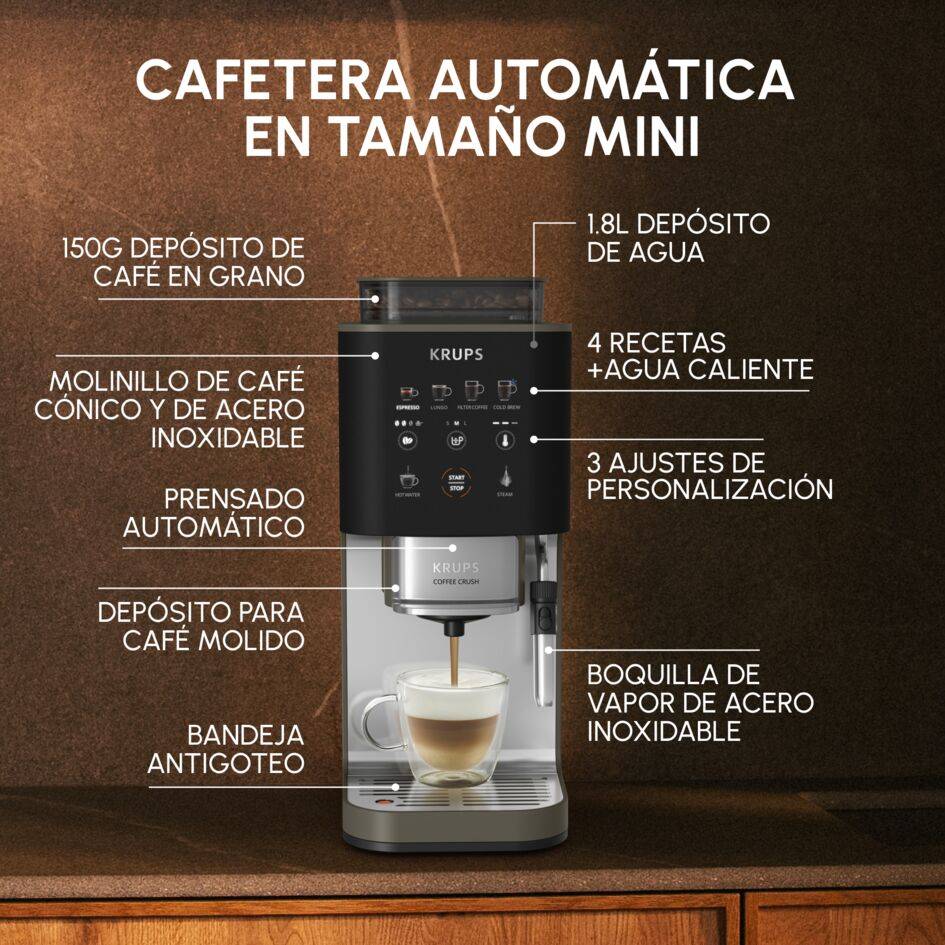 Coffee Crush, Cafetera Automática Compacta, Café en Grano y Molido, 15 Bares, 4 recetas, Espumador de leche, Pantalla táctil