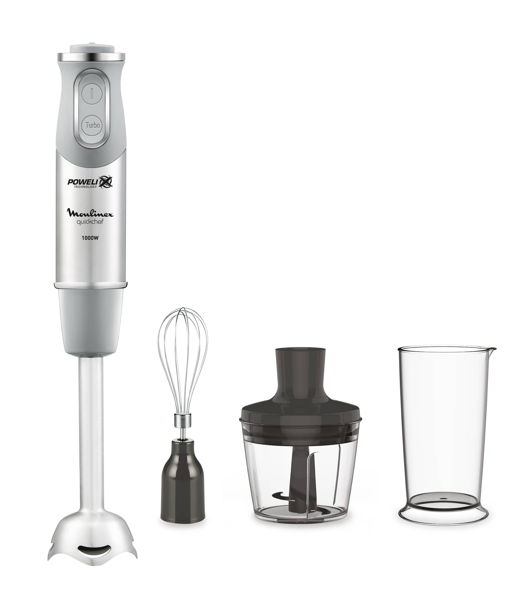 Quickchef, Batidora de mano, 1000 W, 10 velocidades, Cuchillas Powelix, Picadora 500 ml, Vaso medidor 800 ml, Gris