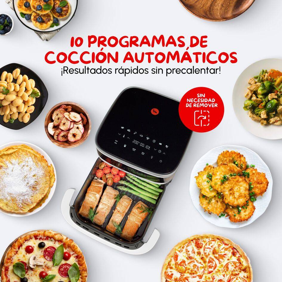 Easy Fry XL Surface, Freidora de Aire, Gran Superficie de Cocción, Doble Resistencia, 10 Programas Automáticos, Formato Compacto, Ventana de Visualización, Blanco