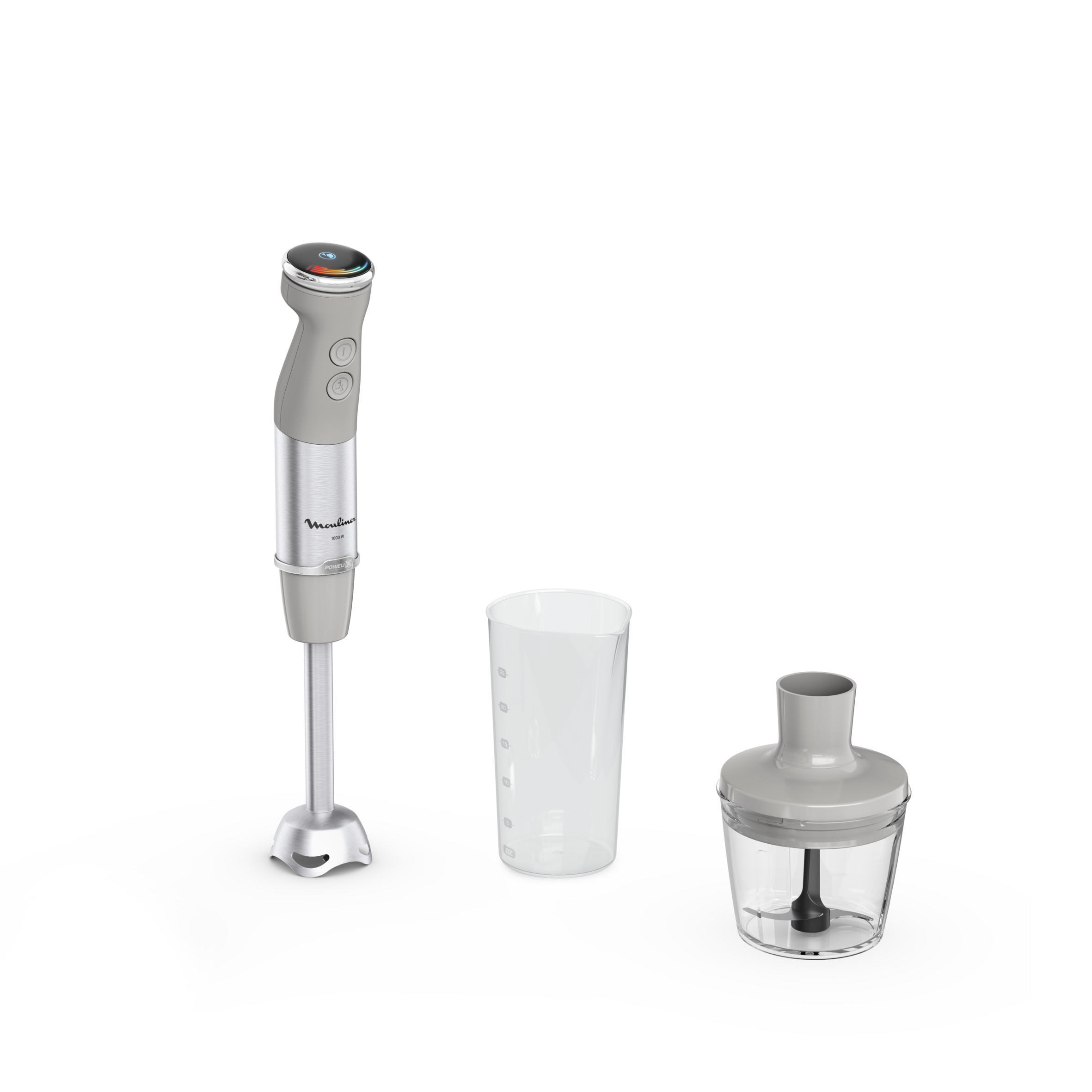 Quickchef+, Batidora de mano, 20 velocidades, Vase medidor y vaso picador, Modo silencioso, Cuchillas con tecnología Powelix, Gris