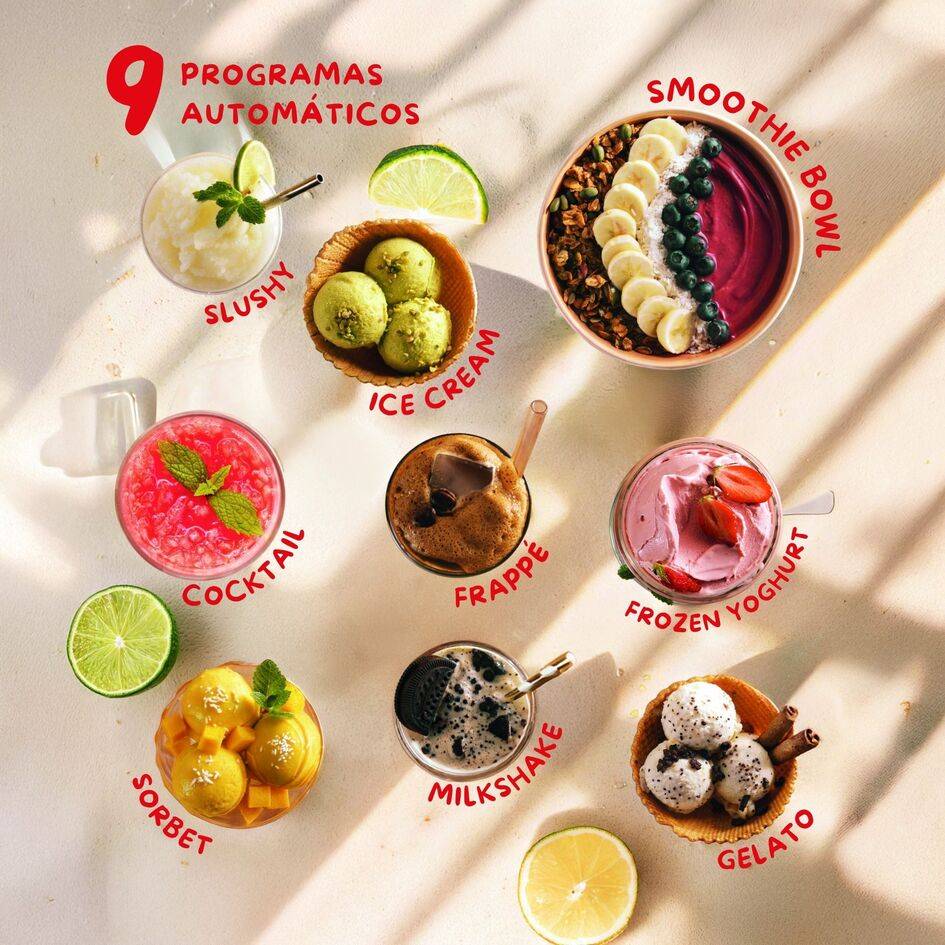 Dolci, Heladera, 9 Programas de Postres Helados, 3 Tarrinas de Tritán, Capacidad Total 1,4 L, 600 W, Resultados cremosos, Autolimpieza, Blanco roto