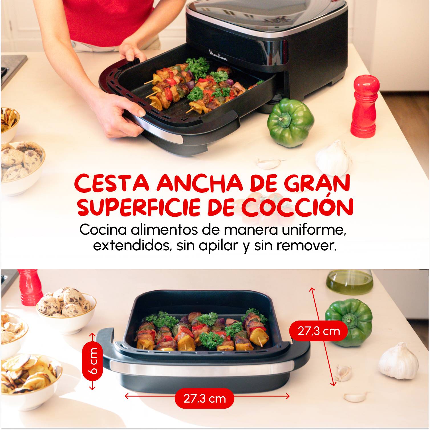 Easy Fry XL Surface, Freidora de Aire, Gran Superficie de Cocción, Doble Resistencia, 10 Programas Automáticos, Formato Compacto, Ventana de Visualización, Negro