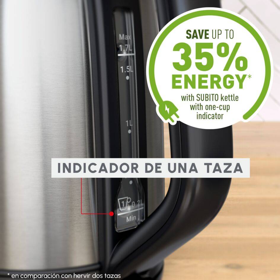Subito, Hervidor de agua eléctrico, Indicador de una taza, Apertura con una sola mano