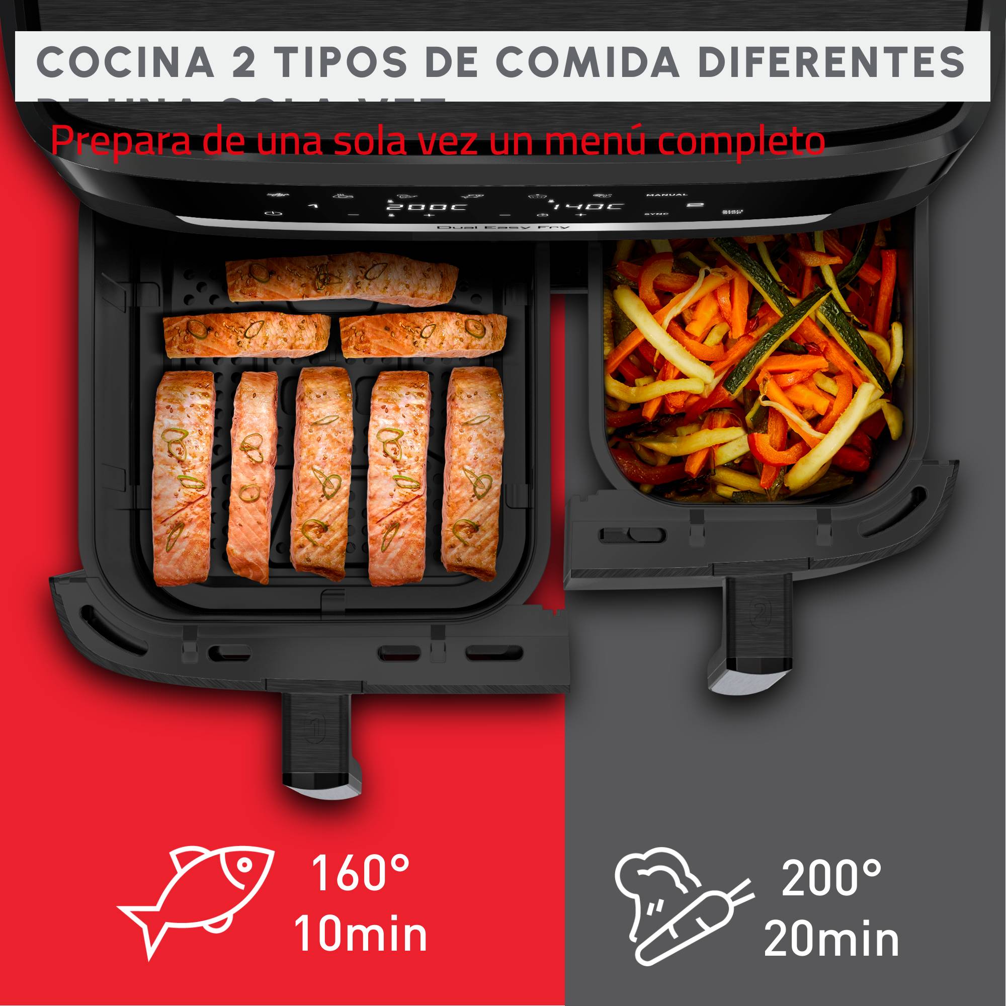 XXL Dual Easy Fry, Freidora de Aire Doble Cesta, Capacidad Familiar XXL, Cocción Sincronizada, 11 L de Capacidad, Negro