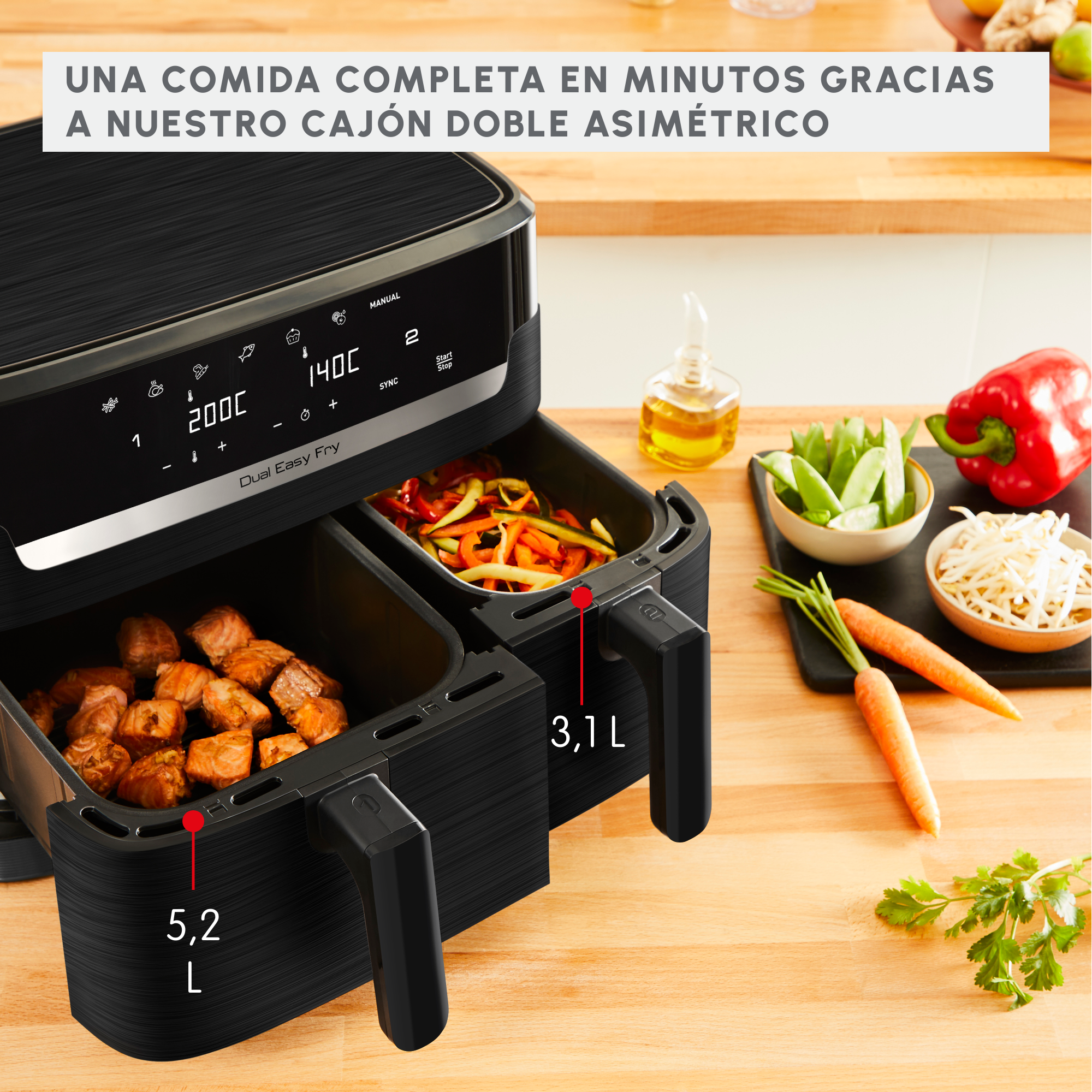 Dual Easy Fry, Freidora de aire, Doble cesta, 8,3 L, 7 programas preestablecidos, Negro