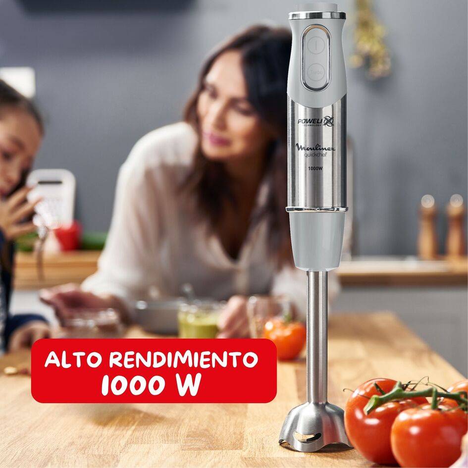 Quickchef, Batidora de mano, Pie metálico, 1000 W, 10 velocidades, Vaso medidor 800 ml, cuchillas Powelix, Gris