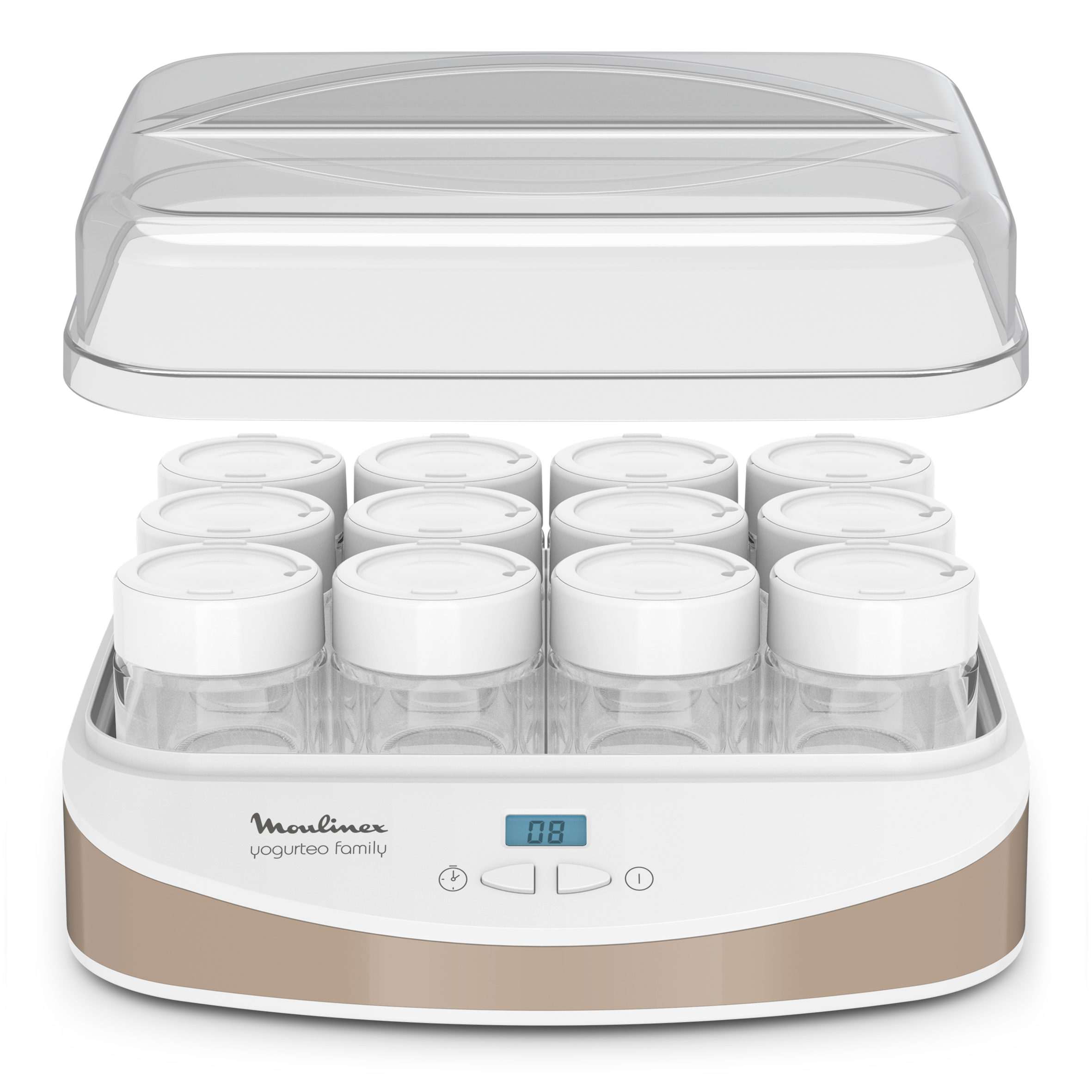 Yogurteo Family, Yogurtera, 12 Tarros Cristal, 1L Bandeja Queso, Blanco/Dorado