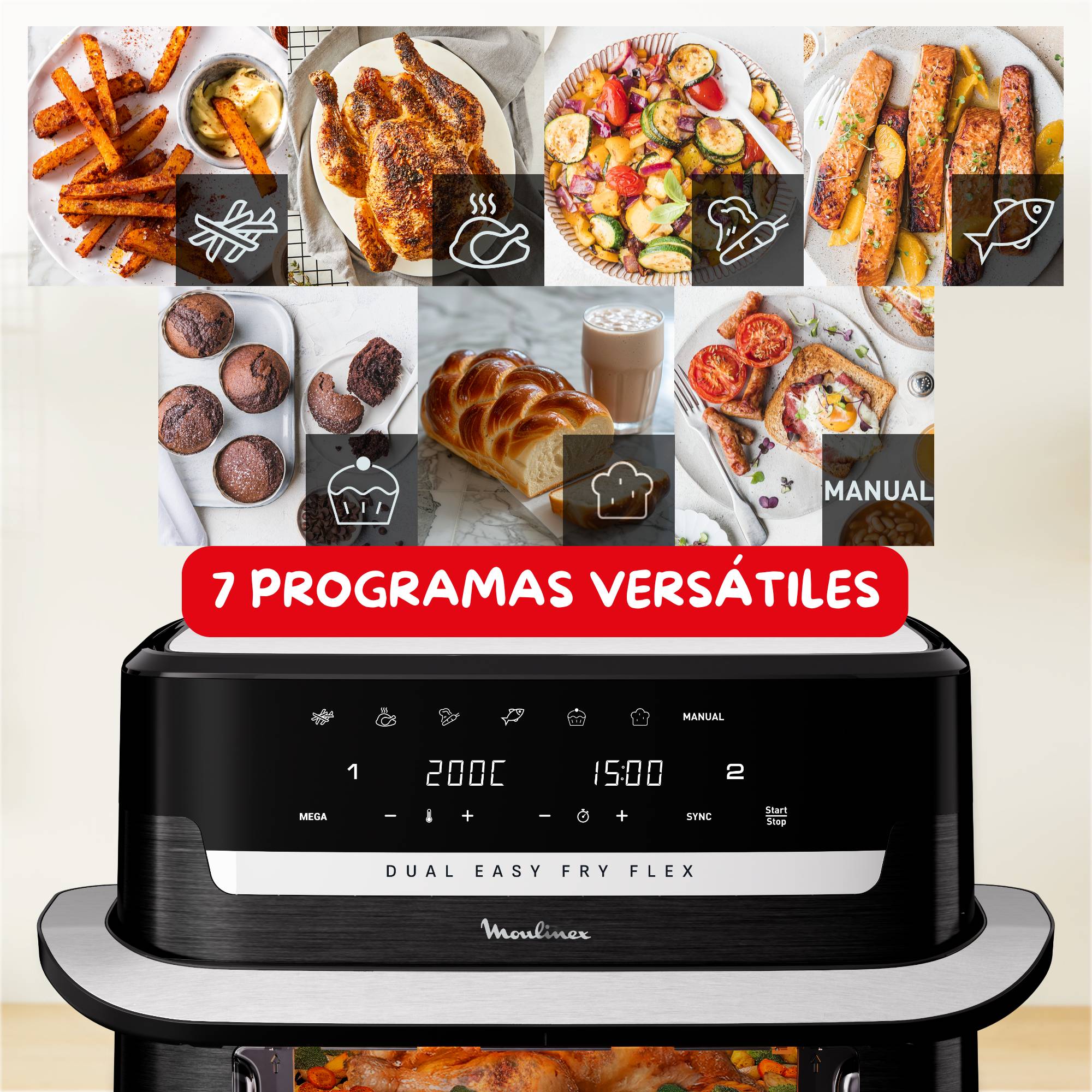 Dual Easy Fry Flex, Freidora de Aire con Separador FlexCook, 9 L, 7 programas, Hasta 8 personas, Negro