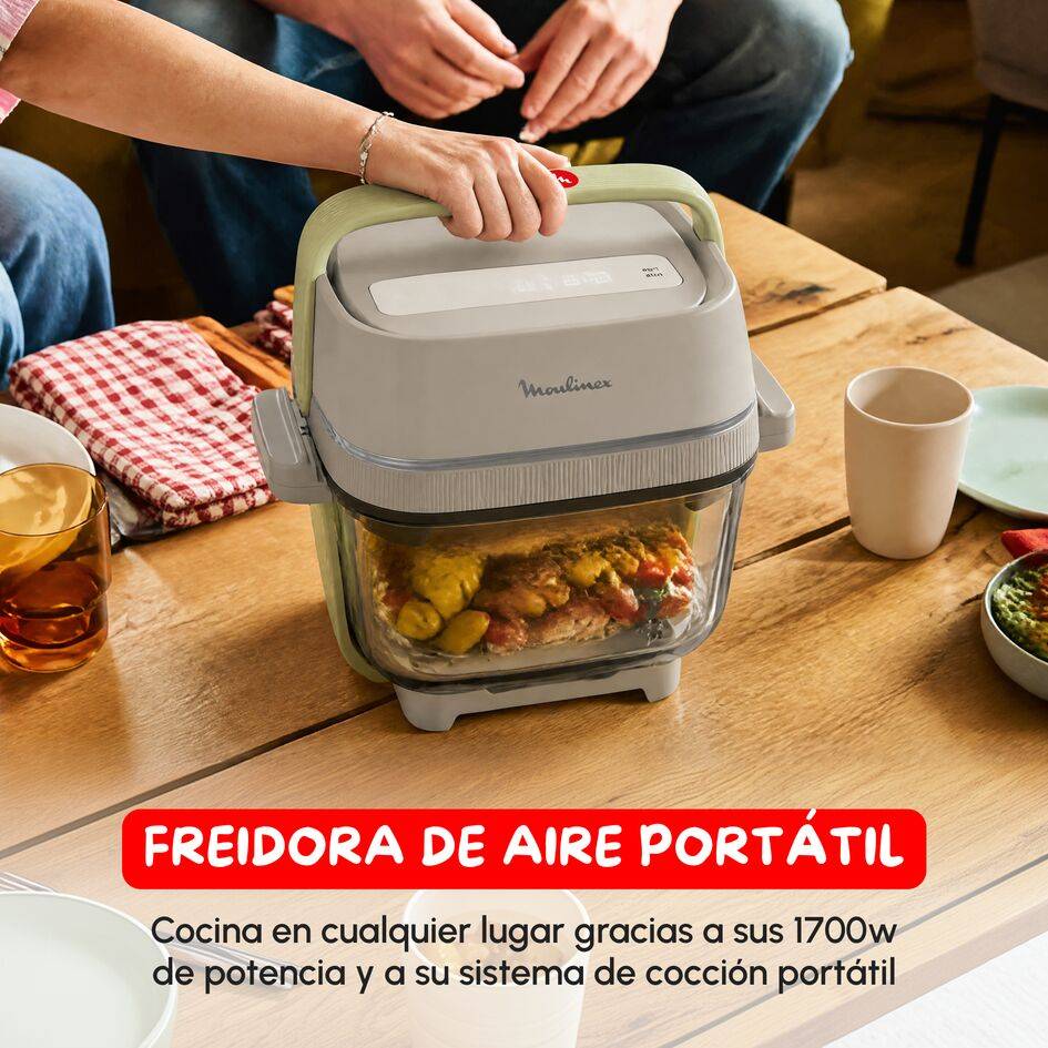 Crisp&Go, Freidora de aire de cristal Pure Resist apilable y portátil, 1 Power Lid + 2 recipientes de 1,4 L y 3,8 L, 4 modos de cocción y ajuste manual temperatura + tiempo, 1700 W, Diseño compacto, Beige