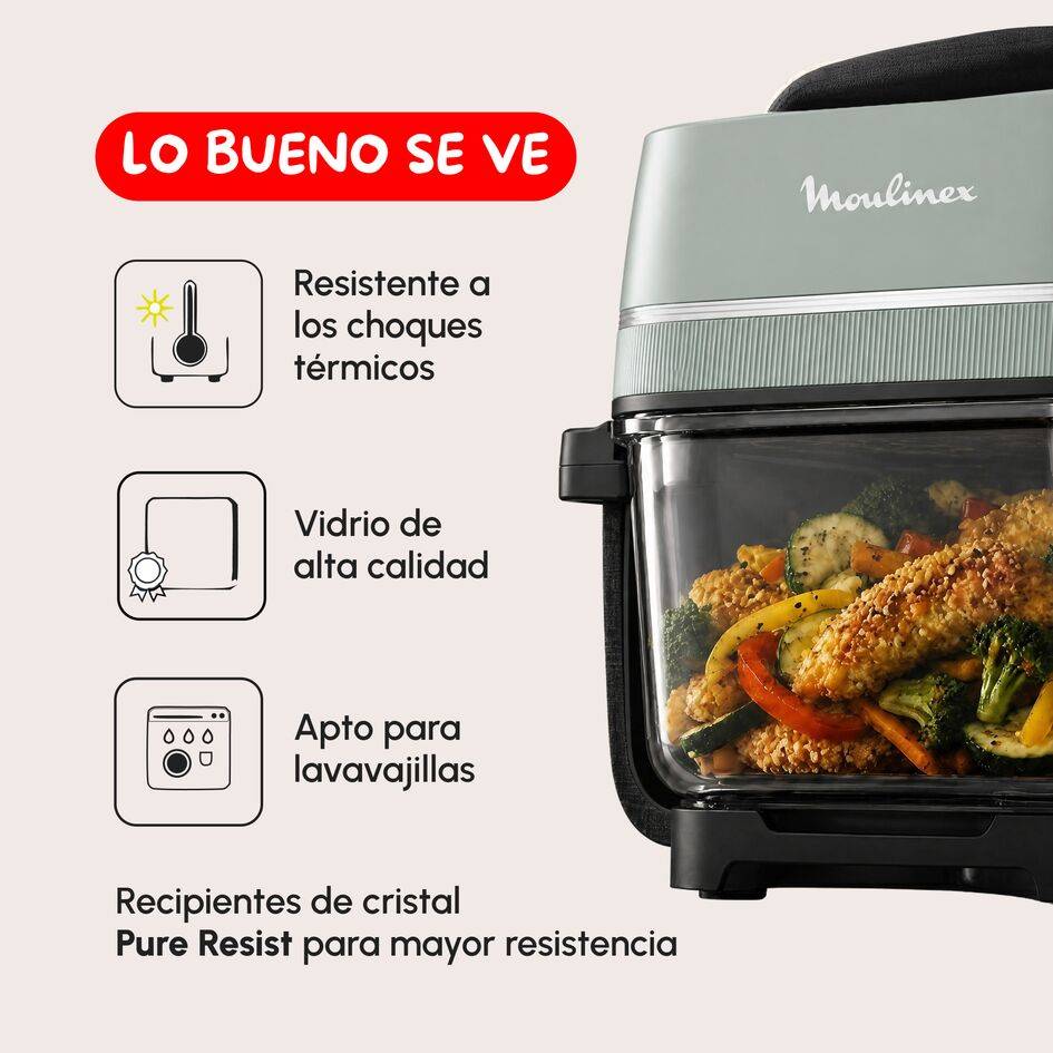 Crisp&Go, Freidora de aire de cristal Pure Resist apilable y portátil, 1 Power Lid + 2 recipientes de 1,4 L y 3,8 L, 4 modos de cocción y ajuste manual temperatura + tiempo, 1700 W, Diseño compacto, Azul