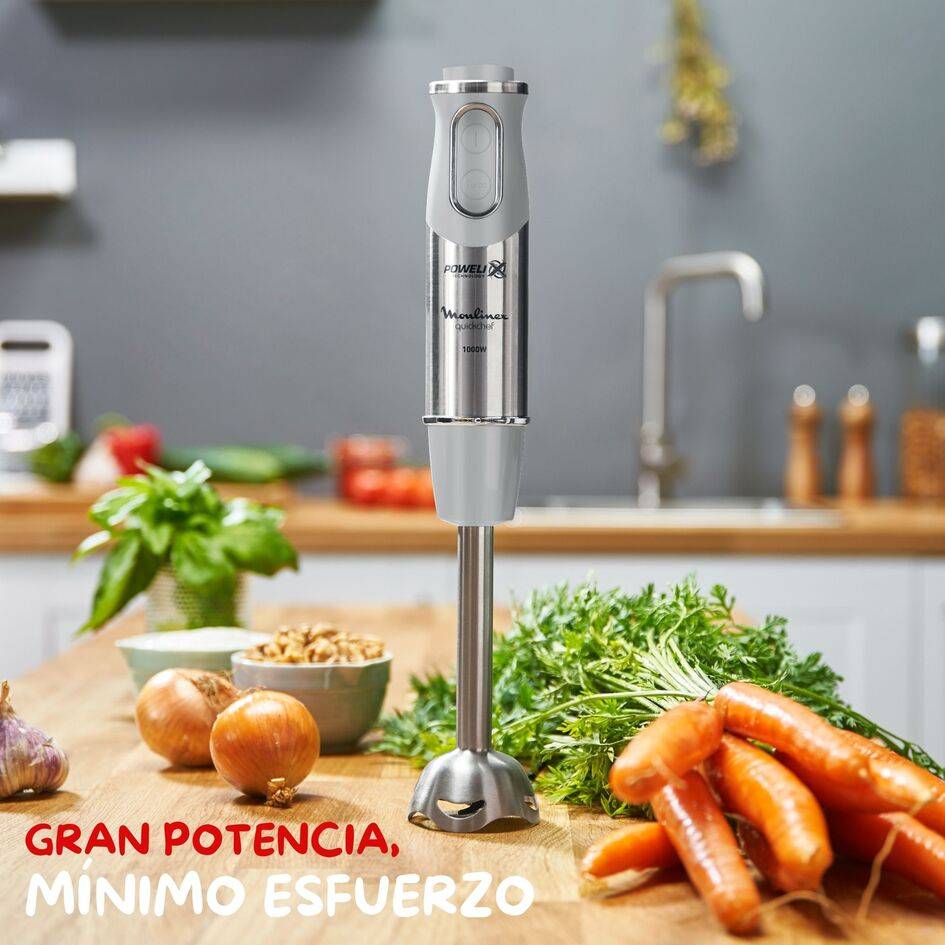 Quickchef, Batidora de mano, Pie metálico, 1000 W, 10 velocidades, Vaso medidor 800 ml, cuchillas Powelix, Gris