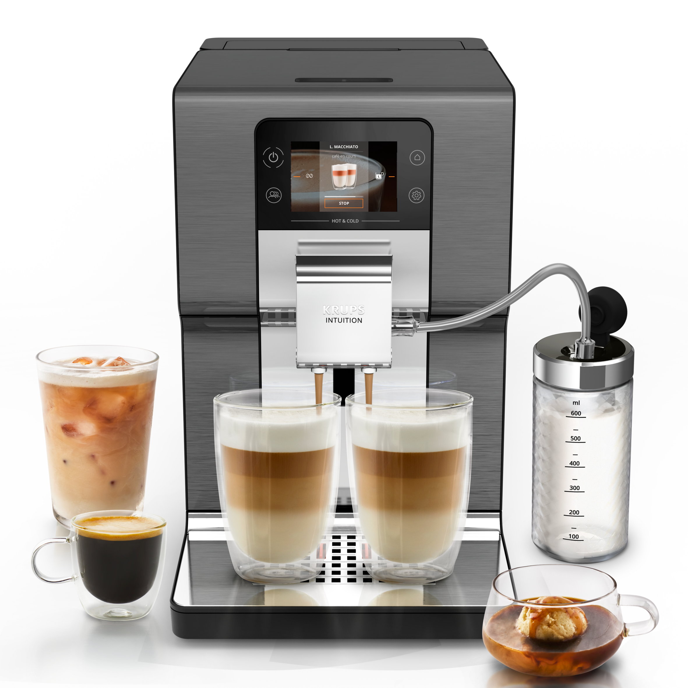 Intuition Experience Hot&Cold, Cafetera Superautomática, Pantalla táctil , 36 Recetas, Jarra de leche, Titanio