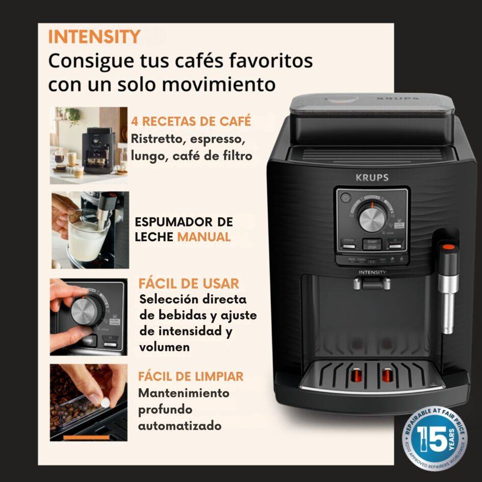 KRUPS Intensity, Superautomática, 4 Bebidas, Espumador de leche, Café en grano, 15 bares, 1.7L depósito agua, Negro