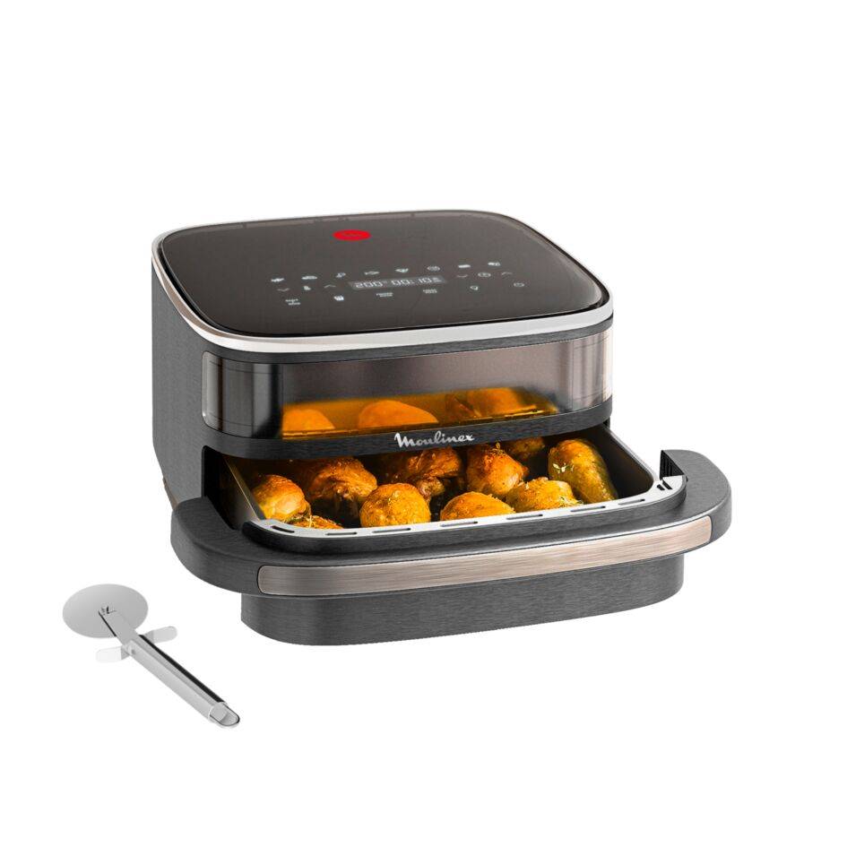 Easy Fry XL Surface, Freidora de Aire, Gran Superficie de Cocción, Doble Resistencia, 10 Programas Automáticos, Formato Compacto, Ventana de Visualización, Gris