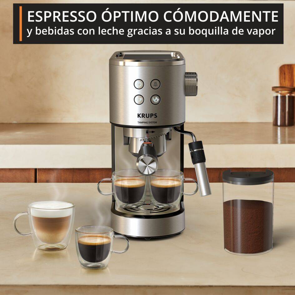 KRUPS Virtuoso+ Autotamping, Cafetera Espresso, Sistema de autoprensado, 15 bares, Panel Frontal Inutitivo, Calidad Barista, Compacta, Inox