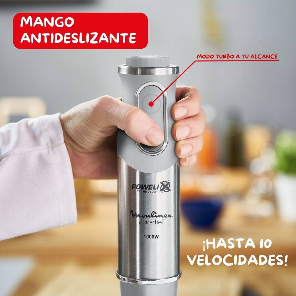 Quickchef, Batidora de mano, Pie metálico, 1000 W, 10 velocidades, Vaso medidor 800 ml, cuchillas Powelix, Gris