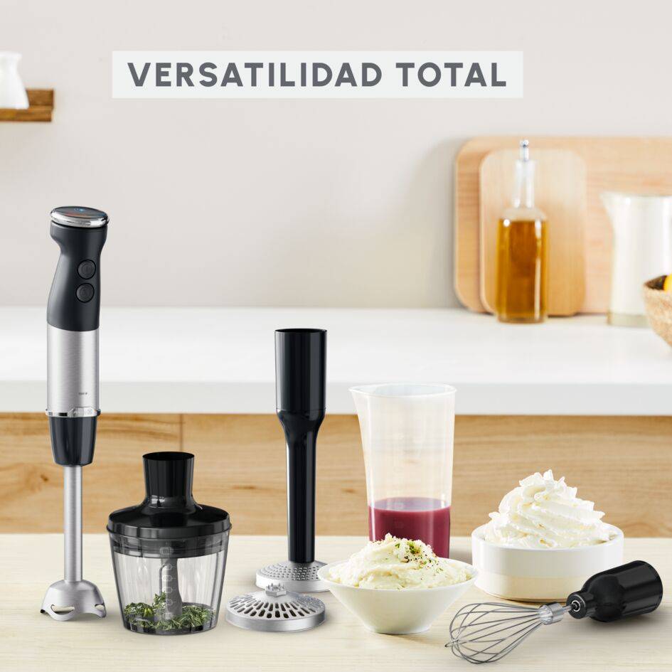 Quickchef+, Batidora de mano, cuchillas con tecnología Powelix , 20 velocidades, 4 en 1, Negra