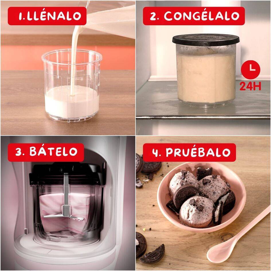 Dolci, Heladera, 9 Programas de Postres Helados,  3 Tarrinas de Tritán, Capacidad Total 1,4 L, 600 W, Resultados cremosos, Autolimpieza, Blanco roto