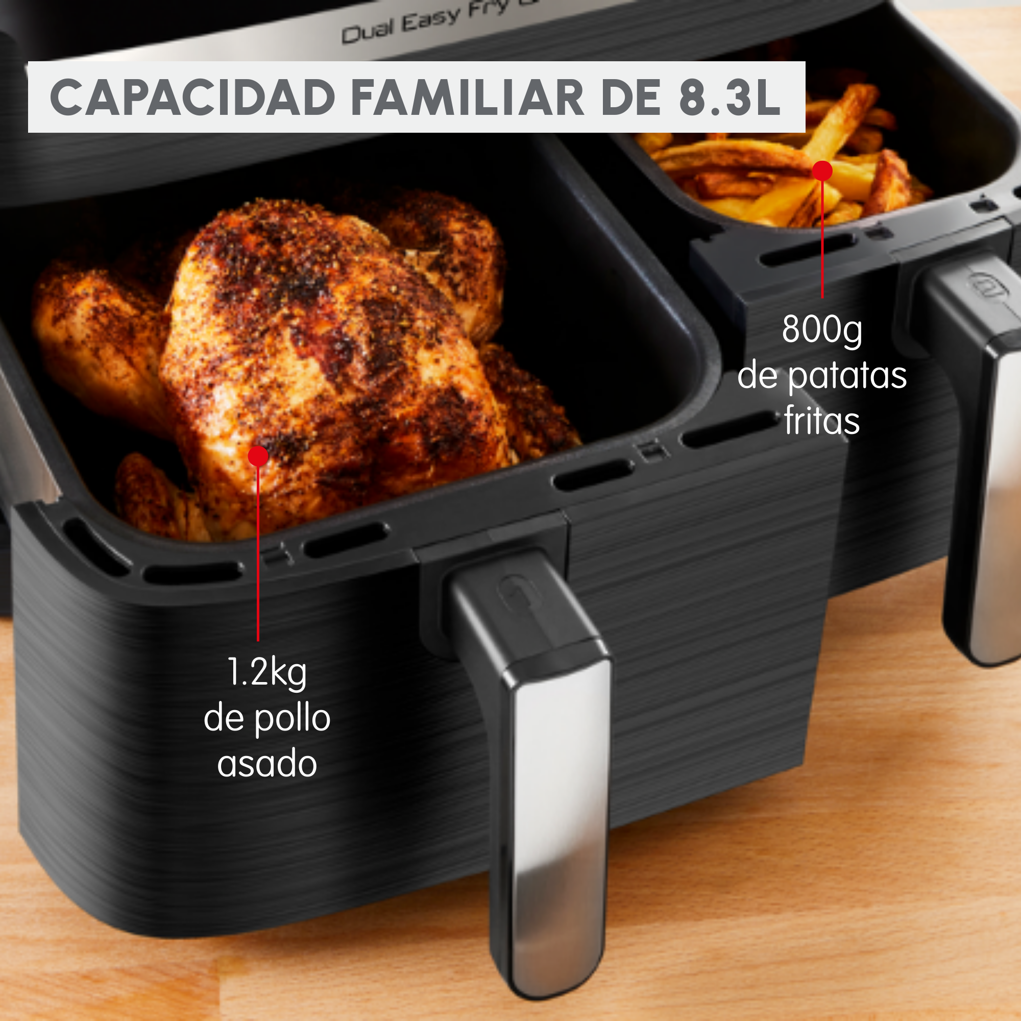 Dual Easy Fry & Grill, Freidora de aire y grill, 8,3 L, Dos cubetas, 8 Programas, Negro