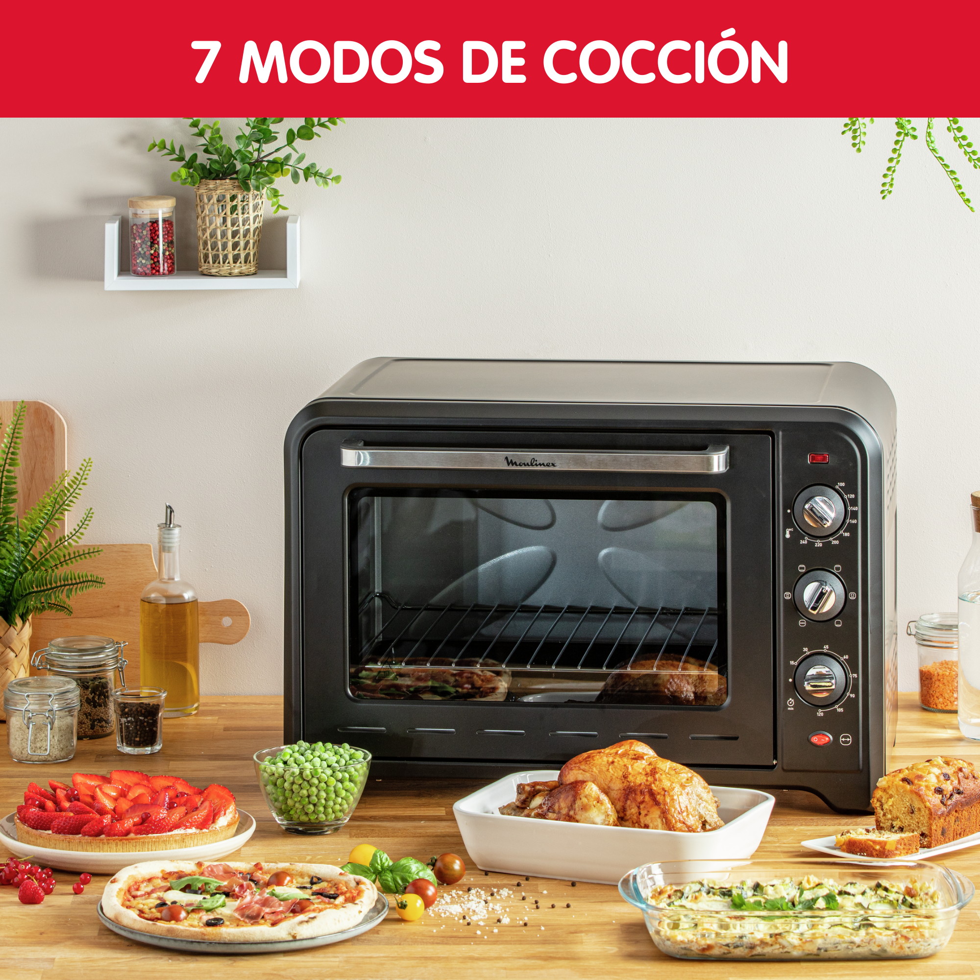 Optimo, Horno de convección, 60 L, 7 modos de cocción, Accesorios, Negro