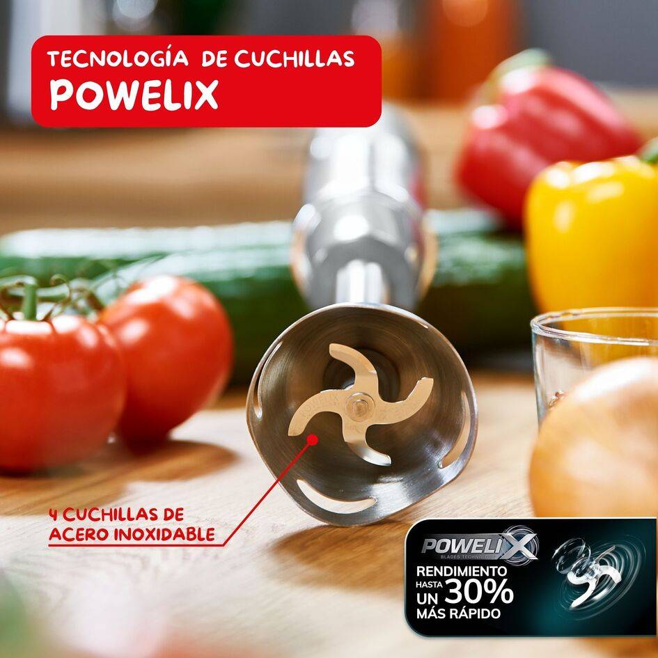 Quickchef, Batidora de mano, Pie metálico, 1000 W, 10 velocidades, Vaso medidor 800 ml, cuchillas Powelix, Gris