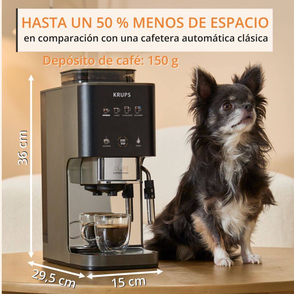 KRUPS Coffee Crush, Cafetera Automática, Café en Grano y Café Molido, 15 Bares, 4 recetas de café, Pantalla táctil a color, Compacta 15 cm de ancho, Ajustes de intensidad de café, 5 niveles de molienda, Prensado automático, Espumador de leche