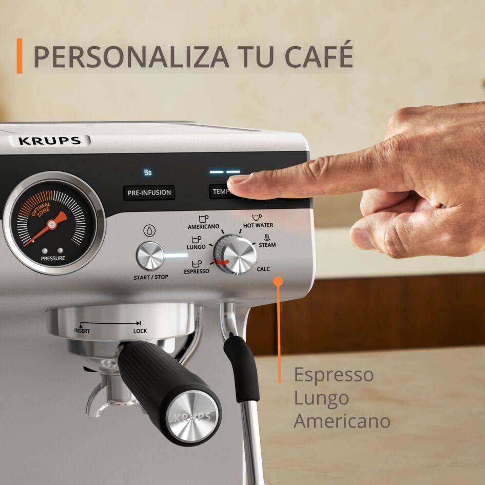 Precision, Cafetera profesional para espresso y capuccino, Molinillo cónico integrado, 30 ajustes de molienda, 15 bares, Inox