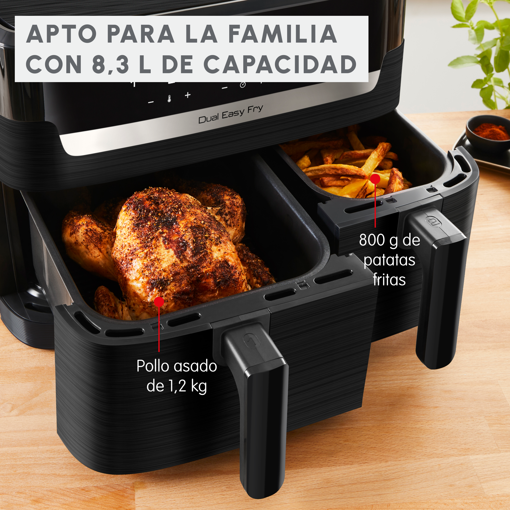 Dual Easy Fry, Freidora de aire, Doble cesta, 8,3 L, 7 programas preestablecidos, Negro