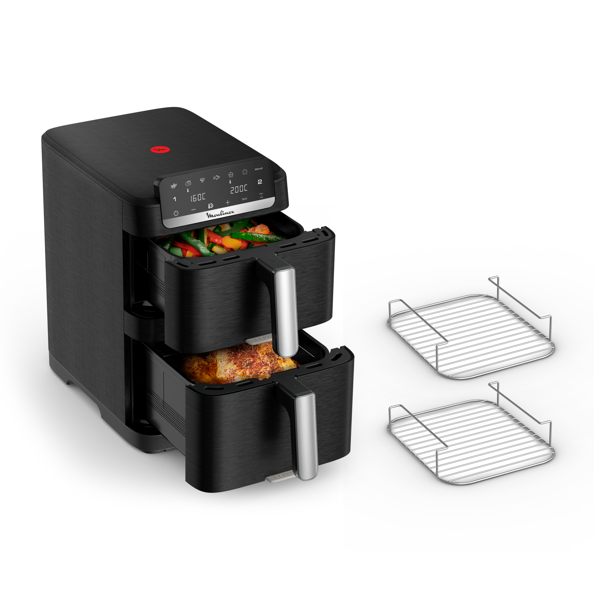 Dual Easy Fry Stack, Freidora de aire doble cesta vertical, Sistema Genius, 10 Litros, 7 Programas Automáticos, Compacta, 40 % Ahorro Espacio, Negro