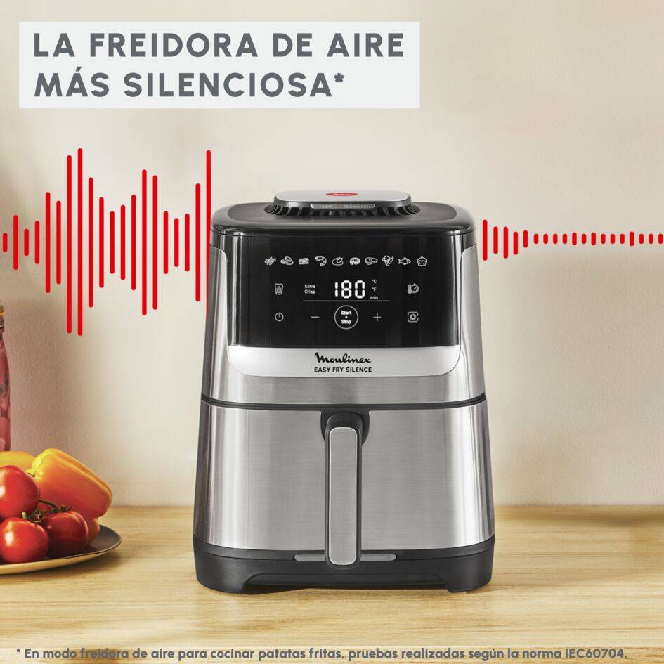 Easy Fry Silence, Freidora de aire, Cesta de Almacenaje 5 L, Tecnología Silenciosa, Acero Inoxidable, Inox