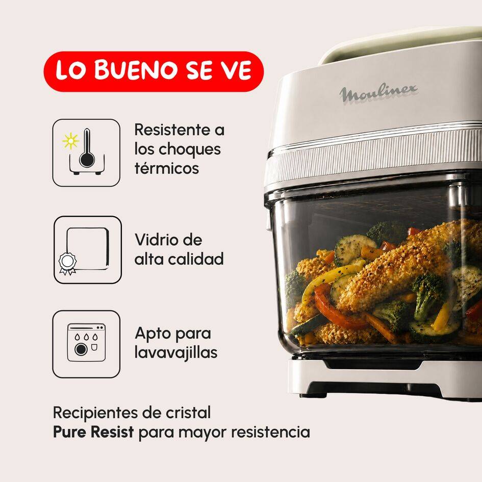 Crisp&Go, Freidora de aire de cristal Pure Resist apilable y portátil, 1 Power Lid + 2 recipientes de 1,4 L y 3,8 L, 4 modos de cocción y ajuste manual temperatura + tiempo, 1700 W, Diseño compacto, Beige
