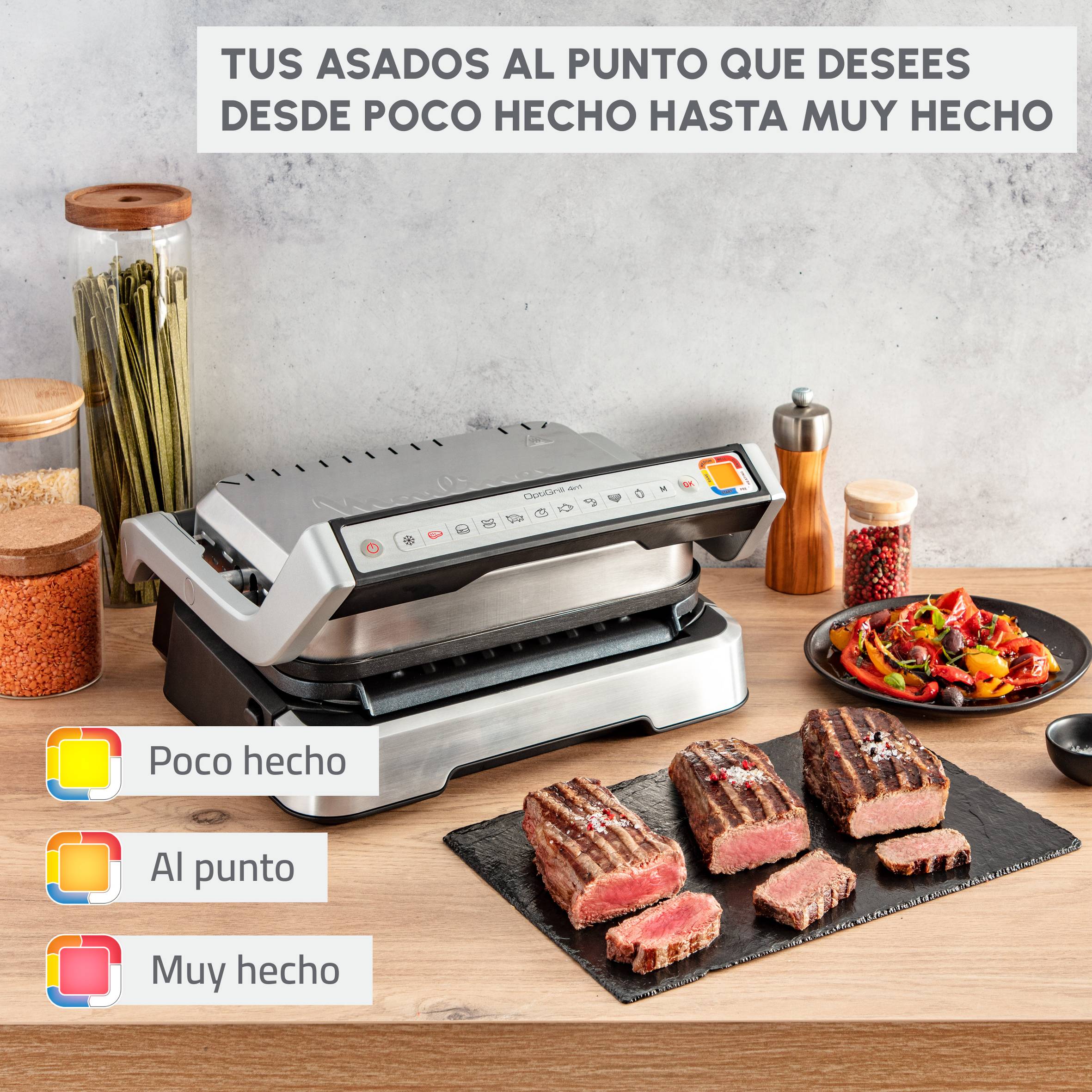 OptiGrill 4 en 1, Parrilla inteligente, 9 programas automáticos, Inox