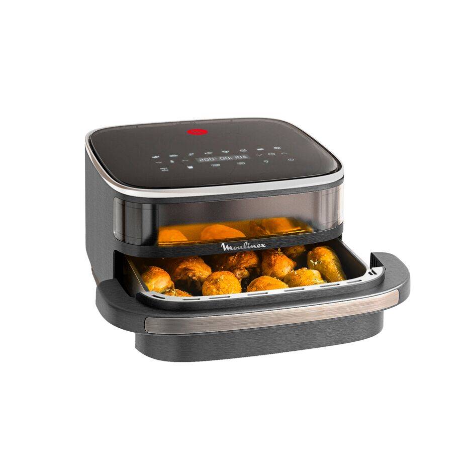 Easy Fry XL Surface, Freidora de Aire, Gran Superficie de Cocción, Doble Resistencia, 10 Programas Automáticos, Formato Compacto, Ventana de Visualización, Gris