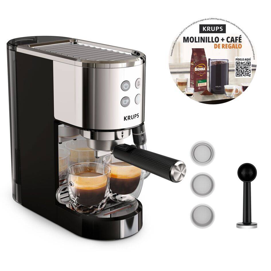 Virtuoso +, Cafetera Espresso, 15 bares de presión, Espumador de leche, Panel frontal intuitivo, Inox