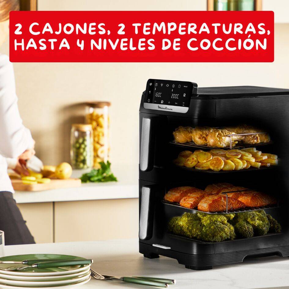 Dual Easy Fry Stack, Freidora de aire doble cesta vertical, Sistema Genius, 10 Litros, 7 Programas Automáticos, Compacta, 40 % Ahorro Espacio, Negro