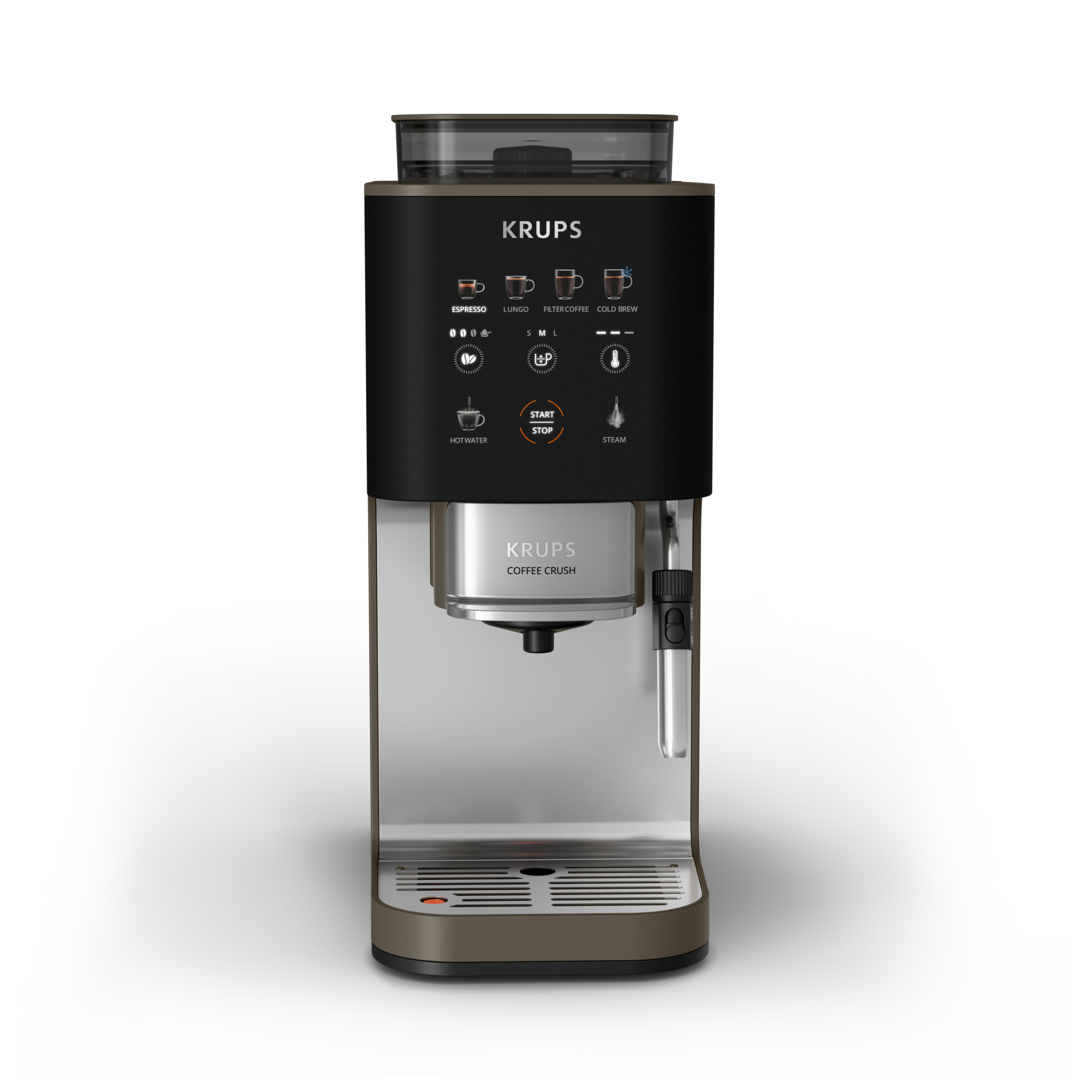 KRUPS Coffee Crush, Cafetera Automática, Café en Grano y Café Molido, 15 Bares, 4 recetas de café, Pantalla táctil a color, Compacta 15 cm de ancho, Ajustes de intensidad de café, 5 niveles de molienda, Prensado automático, Espumador de leche